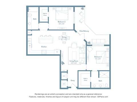 A floor plan of a house with a living room, two bedrooms, a bathroom, a kitchen, a dining room, and a pantry.